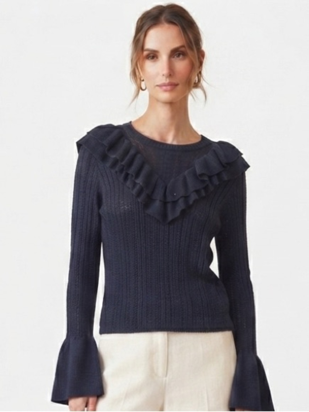 Flying Tomato Navy Blue Ruffle Bell Sleeve Knit Sweater Boho Cottagecore Large